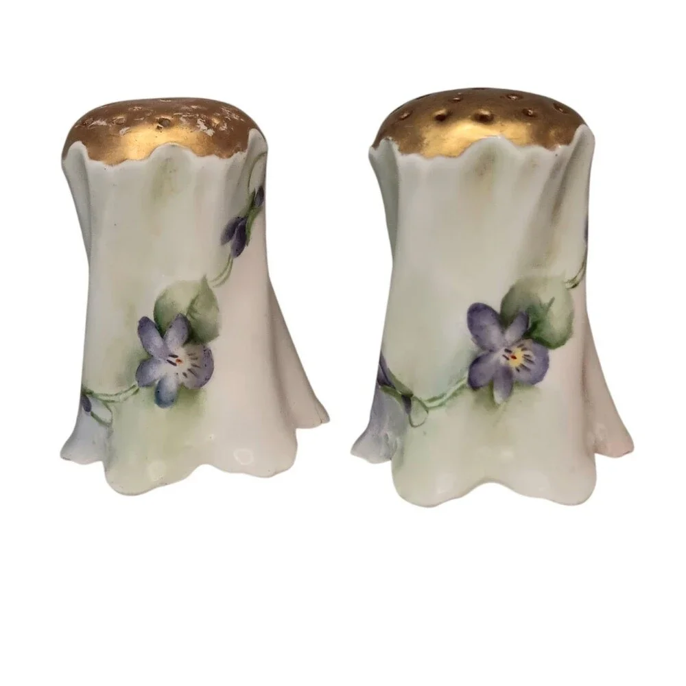 VTG Antique Hand Painted Violets Salt & Pepper Shakers Bavaria W/ New Stoppers